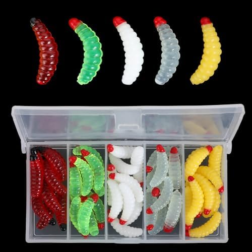 Giantree 50 Pcs Soft Silicone Maggot Worm, Soft Maggot Baits Fake Bread Worms, Fake Worms, Fishing Bait Plastic Fresh Water Fishing Lures Soft Maggot Baits Rubber Maggots Fishing Bait for Trout by Giantree