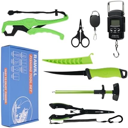 RAWILL Fishing Kit,Filleting Knife,Hook Remover,Fish Grip, Line Cutter,Fishing Scale, Pliers with Lanyards,Not Include Batteries by RAWILL