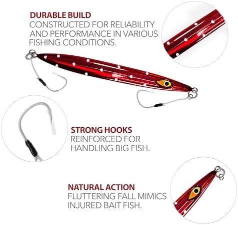 Slow Falling Knife Jigs 350g, Lumo Polka Dot/Crimson Red Color 3 Pcs Rigged - Image 3