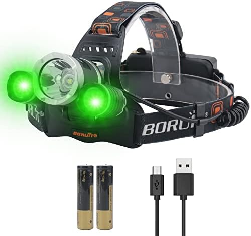 BORUIT RJ-3000 Headlamp with Green Light, Super Bright LED Head Lamp 3 Modes, USB C Rechargeable, Waterproof Head Light for Hunting, Construction, Hard Hat, Fishing, Camping by BORUIT