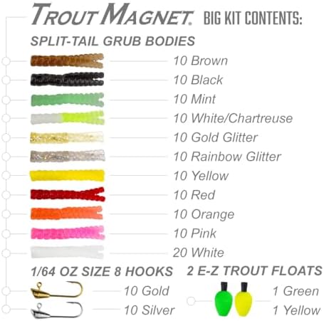 Trout Magnet Original 142-Piece Trout Fishing Gear Kit - 120pc Grub Lures with Neon Bait, 20 Hooks, 2 Floats - High Grade Trout Magnet Kit for Freshwater and Saltwater Fishing - Image 2