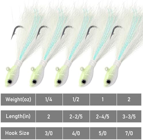 Alwonder 5-Pack Bucktail Jigs Hair Jigs Saltwater Freshwater Fishing Bucktail Lures Surf Fishing Jig Heads White Luminous Chartreuse Swimbait Jig for Bass Flounder Striper Bluefish Halibut Redfish - Image 7