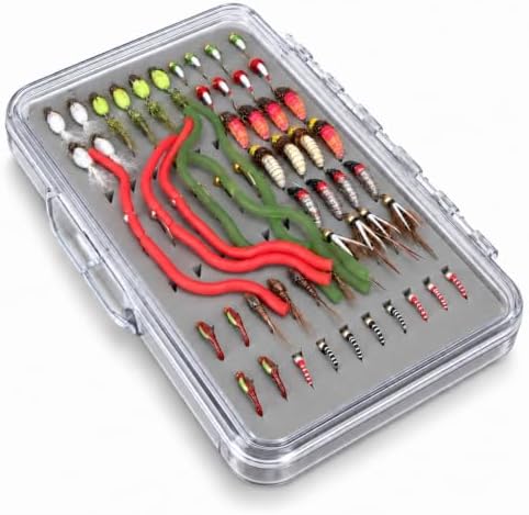 58PCS Fall Trout Nymph Flies Kit, 11 Patterns Barbed & Barbless Assortment with Fly Box, Squirmy Worm, Zebra Midge, Hare's Ear for Autumn Stream Fishing, Sizes #10-#18 by BRAIRIA