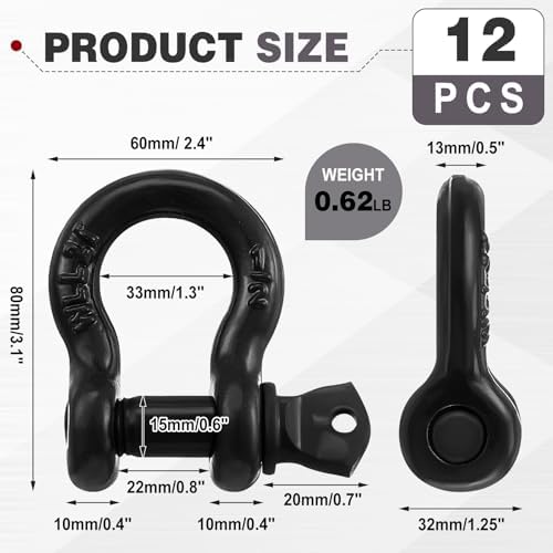 12 Pack 1/2" D Ring Shackle with Screw Pin for Tow Strap Winch - Image 2