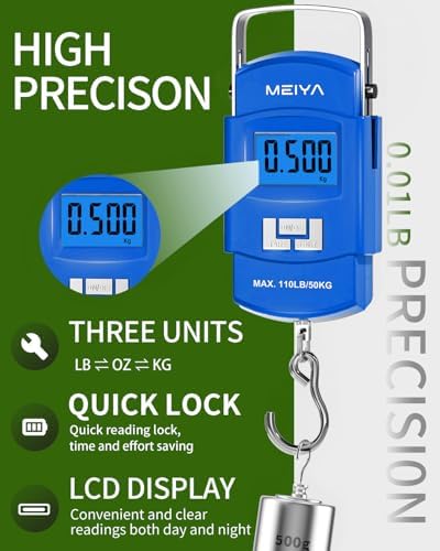 MEIYA Fish Scale 110lb Portable Luggage Scale Travel Digital Hanging Scale with Hook, Fishing Gifts for Men, Weighing Tool for Suitcases & Fish, Includes 2 AAA Batteries, Backlit LCD Display (Blue) - Image 2