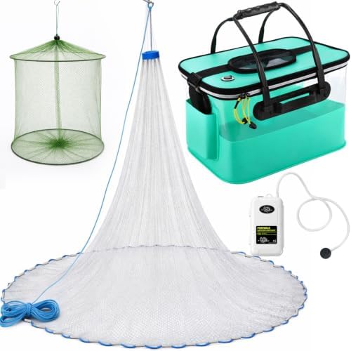 3 Pcs Fishing Bucket, Live Bait Aerator and Fishing Cast Net with Heavy Duty Sinker Foldable Live Bait Bucket Portable Quiet Aerator Fish Transport Container Outdoor EVA Bag by Relaxgiant