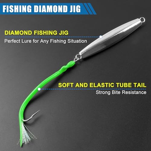 Diamond Jig Saltwater Fishing Lures Casting Jigging Spoon with Tube Tail Stainless Steel Hooks Trolling Lures Striped Bass Metal Jig for Deep Sea Surf Fishing Bottom Dragging Sinking - Image 3