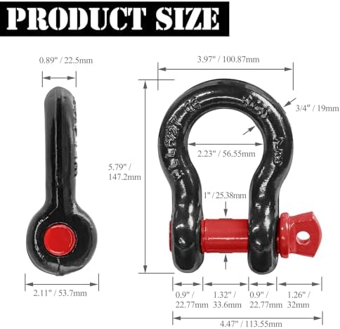 7/8" D Ring Shackle with 1" Screw Pin, 6.5T Working Load Limit (WLL) / 39T (85,980 lb) Minimum Breaking Strength (MBS) for Tow Strap Winch, Off-Road Vehicle Recovery (Black/Red, 2 Pack) - Image 4