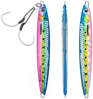 OCEAN CAT Long Casting Slow Fall Pitch Fishing Jigs Lures Lead Metal Flat Sinking Vertical Shore Jigging Bait with Assist Hook for Saltwater Freshwater Fishing 20g 40g 60g 80g by OCEANCAT