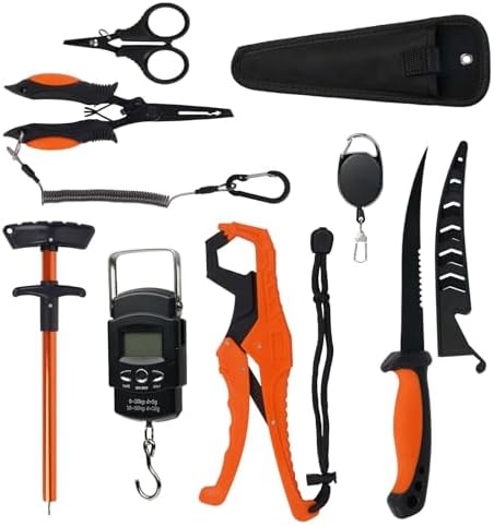 RAWILL Fishing Kit,Filleting Knife,Hook Remover,Fish Grip, Line Cutter,Fishing Scale, Pliers with Lanyards,Not Include Batteries by RAWILL