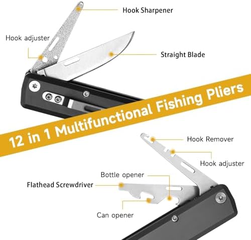 12-in-1 Folding Fishing Pliers, Compact Saltwater Fishing Tool with Braid Cutter, Hook Remover, Split Ring Opener, Stainless Steel Fishing Gear Gift for Men - Image 4