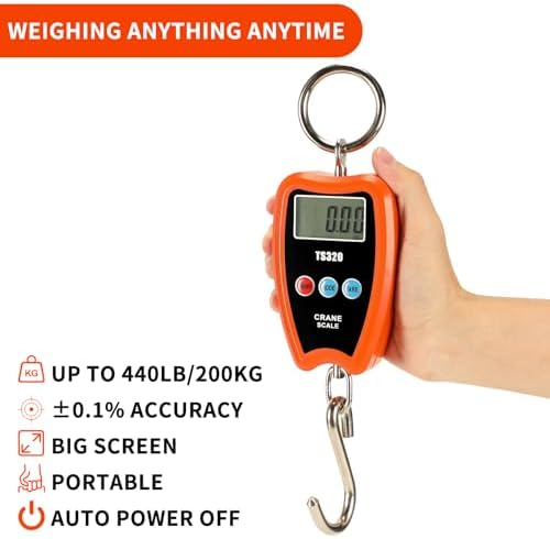 440lb/200kg Digital Crane Scale - Compact LCD Handheld Hanging Scale for Garage, Farm, Hunting, Fishing & More(200kg/Plastic/Orange) - Image 2