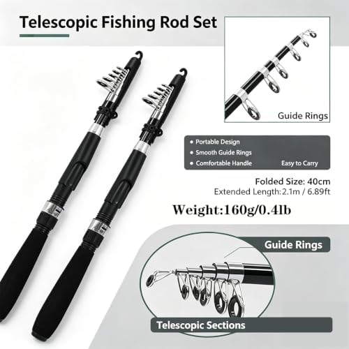 Fishing Pole Combo Set,2.1m/6.89ft 2PCS Collapsible Rods 2PCS Spinning Reels Lures Set Carrier Bag Carbon Fiber Telescopic Fishing Rods Sea Saltwater Freshwater Kit Fishing Rod Reel Combos - Image 2