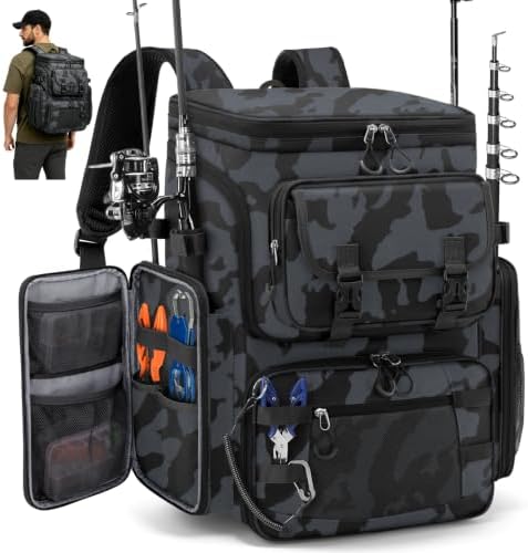 RAINSMORE Fishing Backpack, 45L Large Water-resistant Fishing Tackle Bag by RAINSMORE