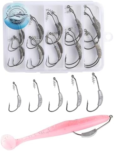 25 Pcs/Box Weighted Swimbait Hooks, Weighted Fishing Hooks Saltwater Worm Weedless Hooks for Bass Fishing Mixed 5 Size 1/0 2/0 3/0 4/0 5/0 by Unknown