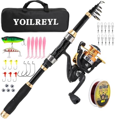 Yoilrey Fishing Rod and Reel Combo – 5.9ft Telescopic Fishing Pole Starter Kit with Spinning Reel, Fishing Line, Lure Box & Tackle Bag for Travel by Yoilrey