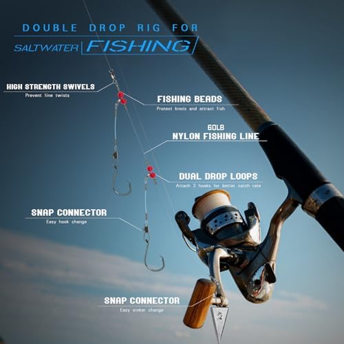 Narcissus Double Drop Saltwater Fishing Rig –2 Hook Bottom Rigs with Swivels & Snaps, Pre-Tied Surf Pier Boat Leader Line for Snapper, Bass, Mackerel, Catfish - Image 2