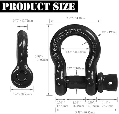 5/8" D Ring Shackle with 3/4" Screw Pin, 3.25T Working Load Limit (WLL) / 19.5T (42,990 lb) Minimum Breaking Strength (MBS) for Tow Strap Winch, Off-Road Vehicle Recovery (Black, 2 Pack) - Image 4