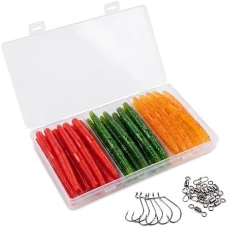 50PCS Fishing Worm Lure Kit with Hooks & Swivels – Soft Plastic Bass Fishing Lures in Red, Green & Orange, Ready-to-Fish Worm Baits for Bass, Trout, Crappie, Freshwater & Saltwater by QEEGO