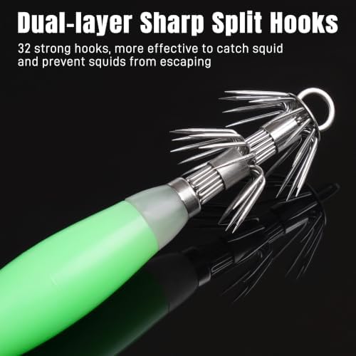 Luminous Squid Jig Hooks Saltwater Glow Squid Jigs Fluoresent Cuttlefish Sleeve Fishing Jigs Squid Hard Night Fishing Bait Octopus Lure Glow in Dark Green Color - Image 4