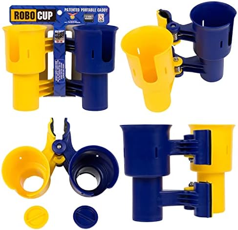 ROBOCUP, (Yellow & Navy), Patented Clamp On Boat Cup Holder |Multifunction Dual Drink Caddy for Fishing Poles, Tools, Net, Gaff |Portable Storage for Boating, Beach, Umbrellas, Golf Carts, Strollers by RoboCup