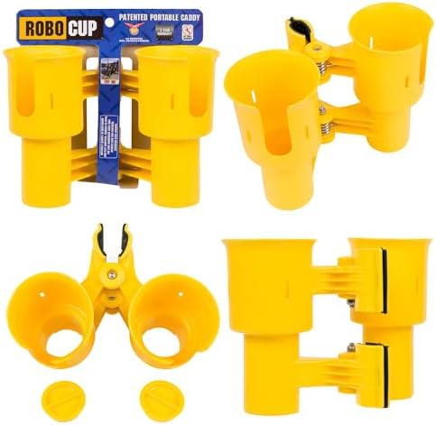 ROBOCUP, (Yellow), Patented Clamp On Boat Cup Holder |Multifunction Dual Drink Caddy for Fishing Poles, Tools, Net, Gaff |Portable Storage for Boating, Beach, Umbrellas, Golf Carts, Strollers by RoboCup