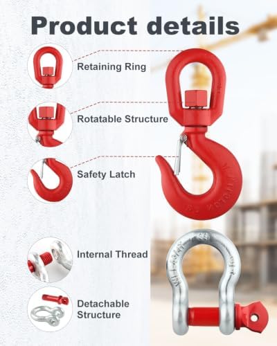 Swivel Lifting Hook with D Ring Anchor Shackles, Heavy Duty Alloy Steel Swive Hooks for Tow Strap/Winch/Traction Steel Wire/Vehicle Recovery (1 Set 5T with Shackle) - Image 3