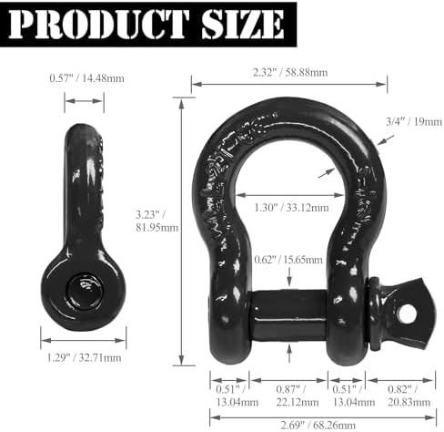 1/2" D Ring Shackle with 5/8" Screw Pin, 2T Working Load Limit (WLL) / 12T (26,455 lb) Minimum Breaking Strength (MBS) for Tow Strap Winch, Off-Road Vehicle Recovery (Black, 4 Pack) - Image 4