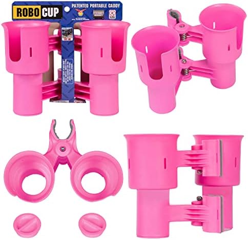 ROBOCUP, (Hot Pink), Patented Clamp On Boat Cup Holder |Multifunction Dual Drink Caddy for Fishing Poles, Tools, Net, Gaff |Portable Storage for Boating, Beach, Umbrellas, Golf Carts, Strollers by RoboCup