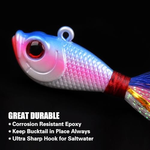 Bucktail Jigs Saltwater Fishing Lures, 5pcs Premium Bucktail Hair Jigs Head Saltwater Striper Lures for Bass Flounder Bluefish Halibut Redfish Surf Fishing 1/4oz 1/2oz 1oz 1.5oz 2oz - Image 4