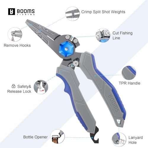 Booms Fishing Pliers Hook Remover: 8.1" Angled Carbon Steel Fish Pliers for Saltwater - Fishing Line Cutter with Lanyard - Braided Cutters & Crimper with Safety Lock, Multi-Function Gear for Men, F09 - Image 6