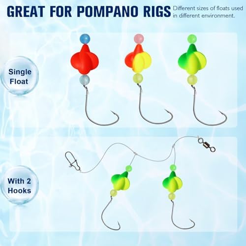 Dovesun 220/104/80/60/54/52/42pcs Pompano Rig Floats for Surf Fishing Foam Bobbers for Fishing Fly Fishing Bobbers Floats Bright Color Kit/Round/Cylindrical/Heart/Bullet/Pill/Spin Shape - Image 5