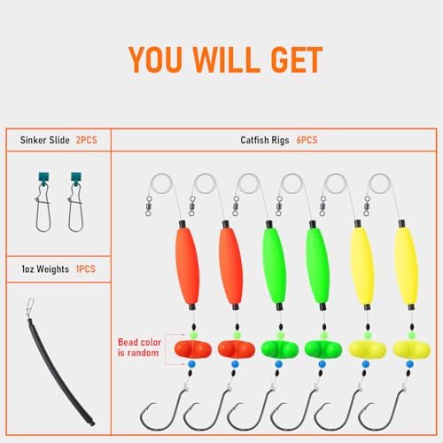 Catfish Rigs Set – 6 Pre-Tied Rigs with 2 Sinker Sliders & 2oz Dragging Weights, Float Rigs Tackle, Santee Rig, Circle Hooks– Complete & Ready-to-Use Kit - Image 2