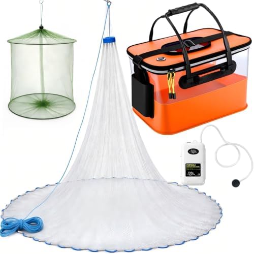 3 Pcs Fishing Bucket, Live Bait Aerator and Fishing Cast Net with Heavy Duty Sinker Foldable Live Bait Bucket Portable Quiet Aerator Fish Transport Container Outdoor EVA Bag by Relaxgiant