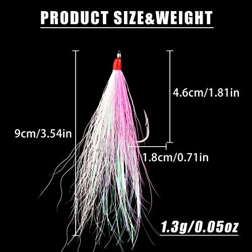 Bucktail Teasers Fishing Hooks Saltwater Flounder Rig Bucktail Mylar Teasers Inserted Fishing Teaser Hooks for Jigs Spoons Lures Hi/Lo Rig Striped Bass Bluefish Flounder Surf Bottom Fishing - Image 3
