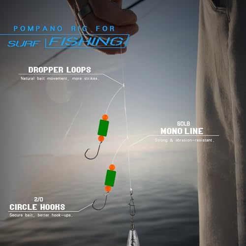 Pompano Rig Saltwater Surf Fishing Rigs – Double Drop Leader Rigs with Hooks, Floats, Beads & Snap – Easy Pre-Tied Terminal Tackle for Pompano, Whiting, Redfish - Image 2