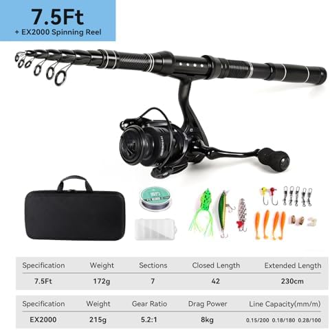 Telescopic Fishing Rod and Reel Combo, Carbon Fiber Collapsible Travel Fishing Pole Kit with Carrier Case & Lures, Anti-Jam Gear for Adults Men Beginners, Freshwater, Saltwater - Image 2