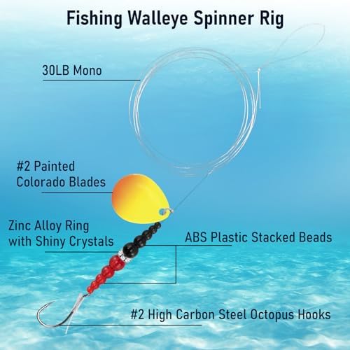 Alwonder 5PCS Walleye Rigs Wedding Ring Fishing Lures, Colorado Blades Stacked Fishing Beads Octopus Hooks Pre-Rigged Bait Rig, Crawler Harness Walleye Kokanee Salmon Spinner Rigs Kit 46IN 30LB Mono - Image 3