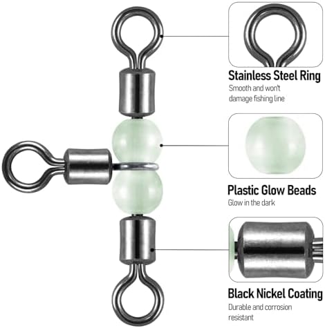 Dr.Fish 20 Pack 3-Way Fishing Swivels with Glow Beads Barrel Swivels Fishing Tackle T Shape Stainless Steel Three Way Catfish Rig - Image 3