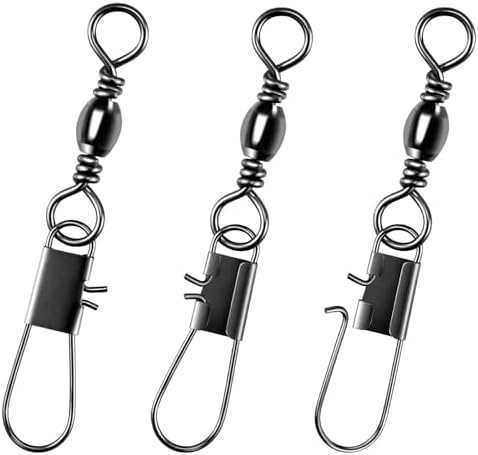 Alwonder 100-Pack Fishing Snap Swivels, Barrel Swivels Fishing Tackle with Snaps Freshwater, Stainless Steel Safty Interlock Snap Swivel Black Nickel Coated Lure Hook Connector Quick Change Clips by Alwonder