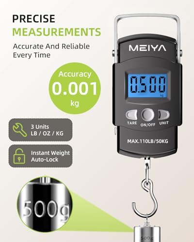 MEIYA Fish Scale 110lb/50kg Digital Fishing Scale with Backlit LCD, Portable Handle, Stainless Steel Hook, Built-in Tape Measure & 2 AAA Batteries, Reliable Fishing Gear & Great Fishing Gifts for Men - Image 5