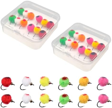 Fly Fishing Flies Kit, 24Pcs Trout & Salmon Eggs Flies Glowing Bug Egg Floating Fly Lure with Storage Box for Bass Trout Salmon Fishing by Mioyoow