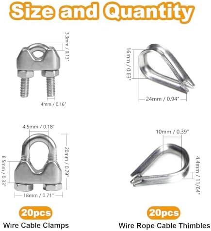 20Pcs 1/8'' M3 Wire Rope Clamps 20Pcs M3 Wire Rope Thimble - Image 2