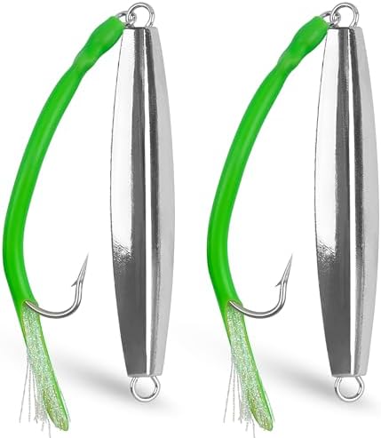 Diamond Jig Saltwater Fishing Lure, 2/3pcs Casting Jigging Spoons with Split Tube Tail Striped Bass Flat Metal Jig for Surf Fishing Bottom Sinking Bouncing Deep Sea Ocean 1-10oz by SILANON