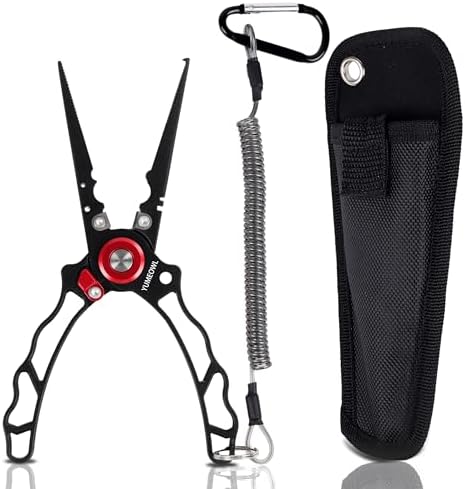 Fishing Pliers with Innovative Ergonomical Handle, Corrosion Saltwater Resistant,Fishing Multitool Hook Remover Braided Fishing Line Cutting, Split Ring with Coiled Lanyard and Sheath by YUMEOWL