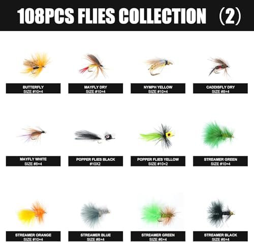 64/108pcs Fly Fishing Flies Assortment Kit for Trout Bass with Box - Image 3