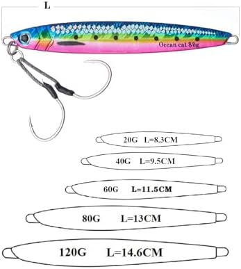 OCEAN CAT Long Casting Slow Fall Pitch Fishing Jigs Lures Lead Metal Flat Sinking Vertical Shore Jigging Bait with Assist Hook for Saltwater Freshwater Fishing 20g 40g 60g 80g - Image 2