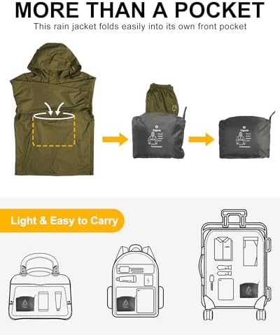 Outdoor Ventures Men's Rain Jacket Waterproof Lightweight Packable Pullover - Image 3
