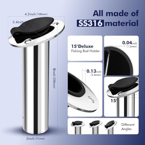 2Pcs Rod Holders for Fishing Boat, Heavy Duty 316 Stainless Steel Fishing Rod Pole Holder, Flush Mount, 15/30/90 Degree - Image 2