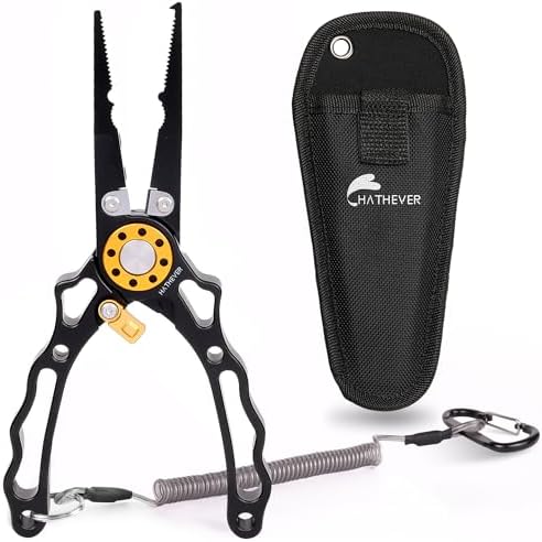 Fishing Pliers Saltwater, Split Ring Pliers Hook Remover with Safety Lock, Fishing Tools with Sheath and Lanyard, Fishing Gifts for Men by Hathever